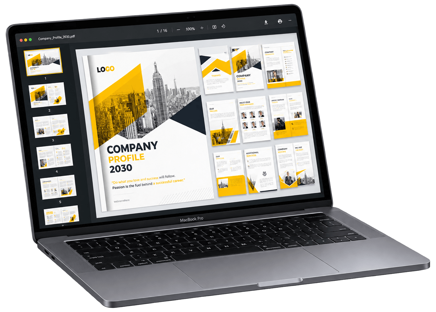 Company profile document open on a laptop